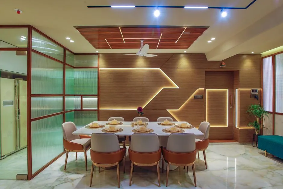 Bàn ăn chữ nhật kài rộng với ghế bọc nỉ xám tạo vẻ thanh lịch cho phòng ăn Bàn ăn chữ nhật kài rộng với ghế bọc nỉ xám tạo vẻ thanh lịch cho phòng ăn
