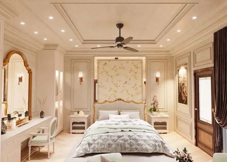 Phòng ngủ với thảm trải sàn mềm mại và đèn đầu giường cá nhân hóa Phòng ngủ với thảm trải sàn mềm mại và đèn đầu giường cá nhân hóa