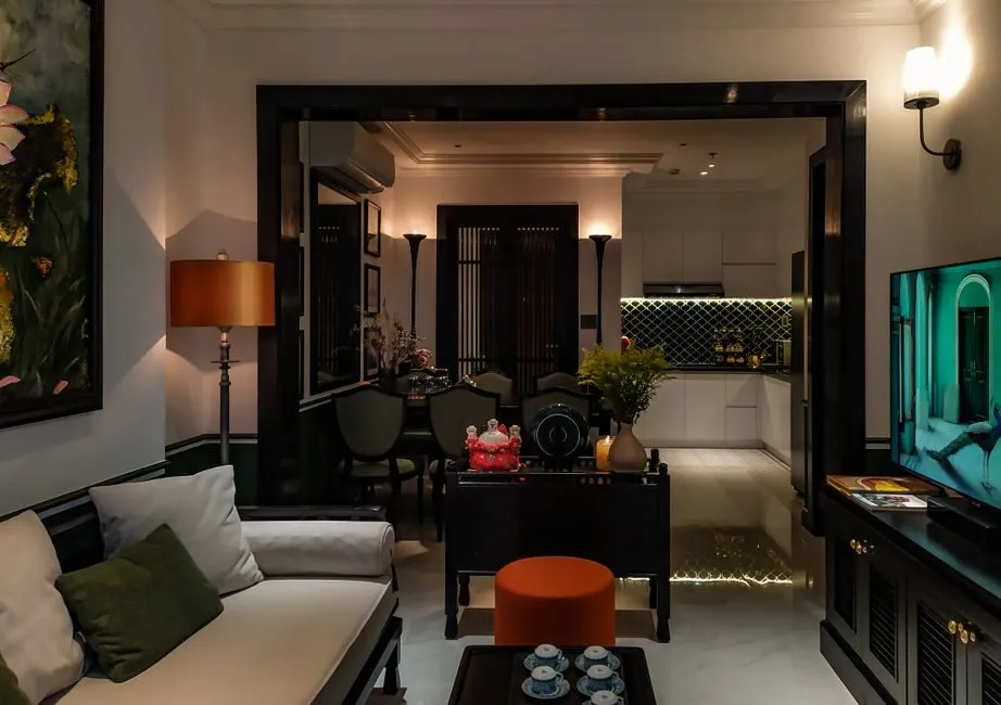 modern Vietnamese living room with harmonious feng shui color palette and natural lighting