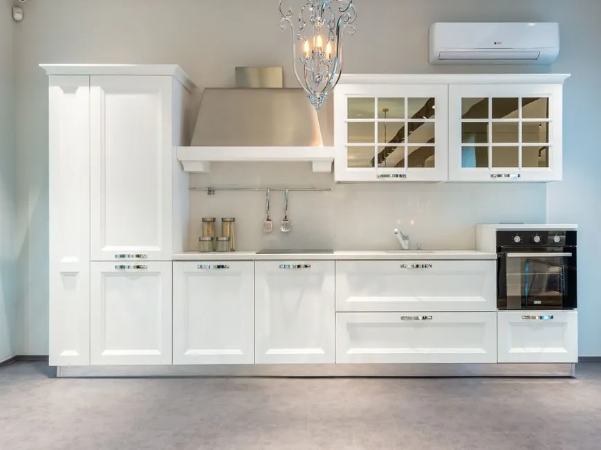 modern white kitchen cabinets with stainless steel handles in bright contemporary kitchen