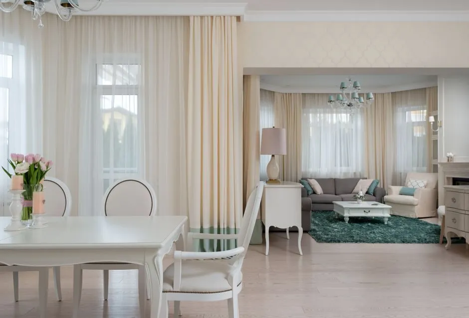 elegant living room split view showing neoclassical and modern interior design styles side by side