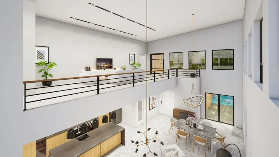 3D rendering of L-shaped kitchen design with white cabinets