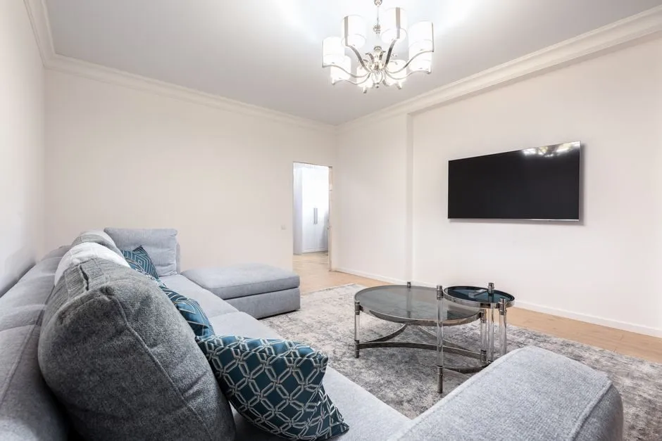 modern living room interior with mixed wood furniture