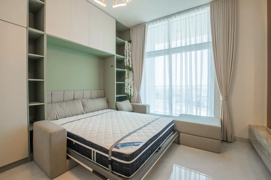modern murphy bed transforming into home office workspace