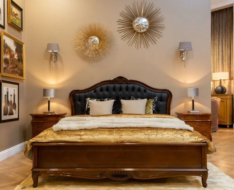 luxury upholstered bed with wooden nightstands
