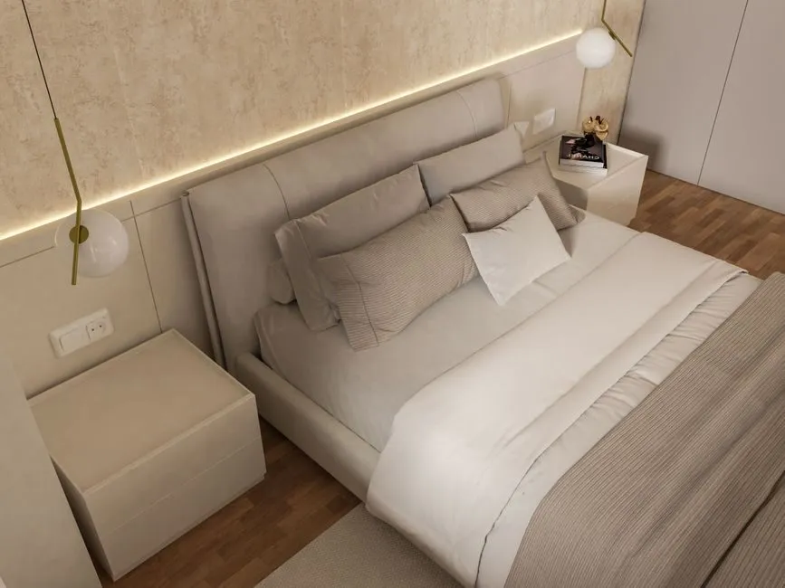 Giường ngủ thiết kế tối giản với đầu giường bê tông giả, kiểu lofty hiện đại Giường ngủ thiết kế tối giản với đầu giường bê tông giả, kiểu lofty hiện đại