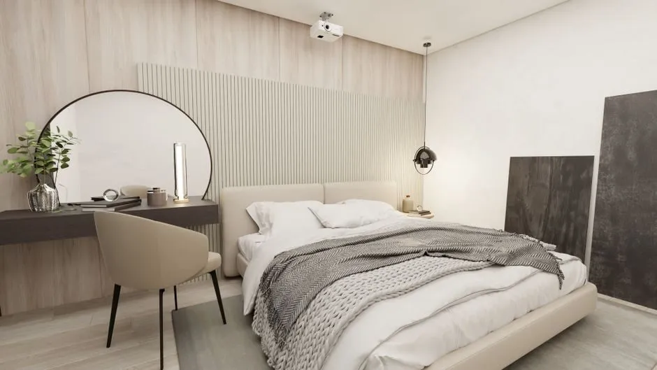 Thiết kế giường bọc nệm màu xám kết hợp khung gỗ tự nhiên, thể hiện phong cách tân cổ điển tinh tế