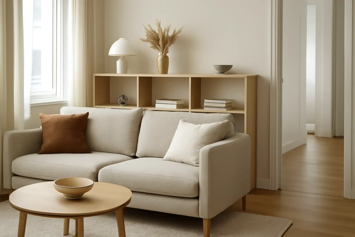 Kệ thấp sau sofa dùng làm vách ngăn phòng khách
