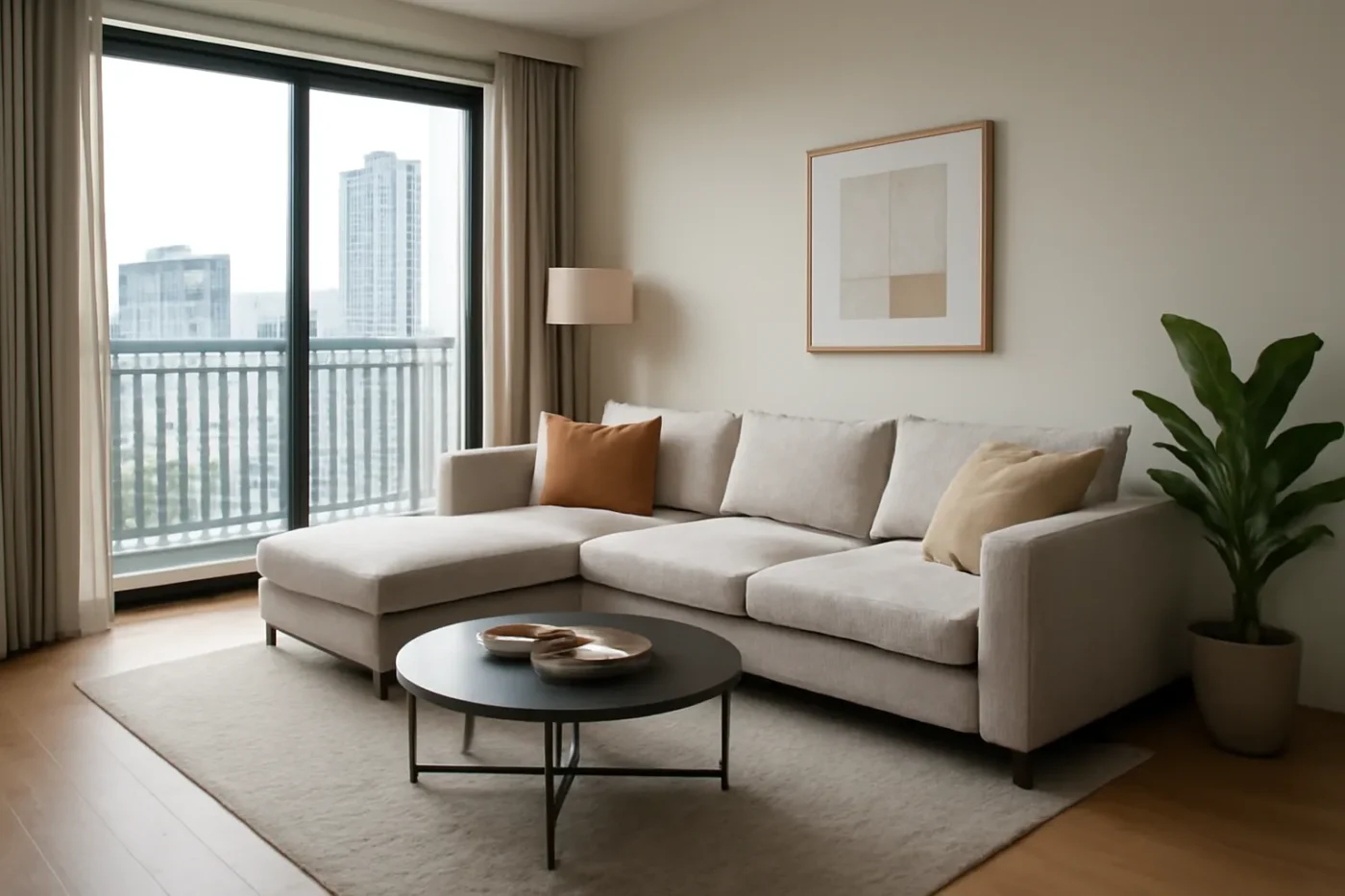 Sofa chữ L đặt sát góc phòng khách hiện đại