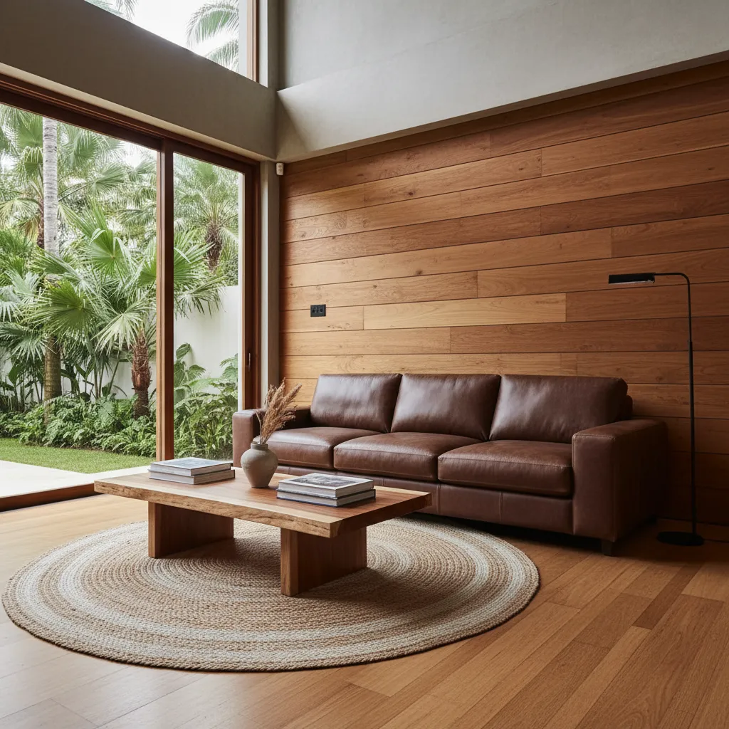 Sofa da nâu đậm phối cùng nội thất gỗ phòng khách