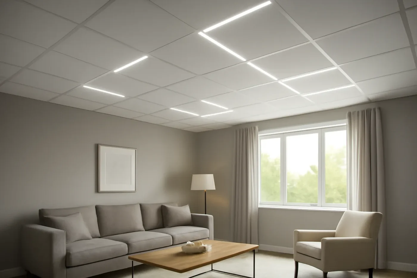 Trần thạch cao giật cấp vuông góc có đèn led viền