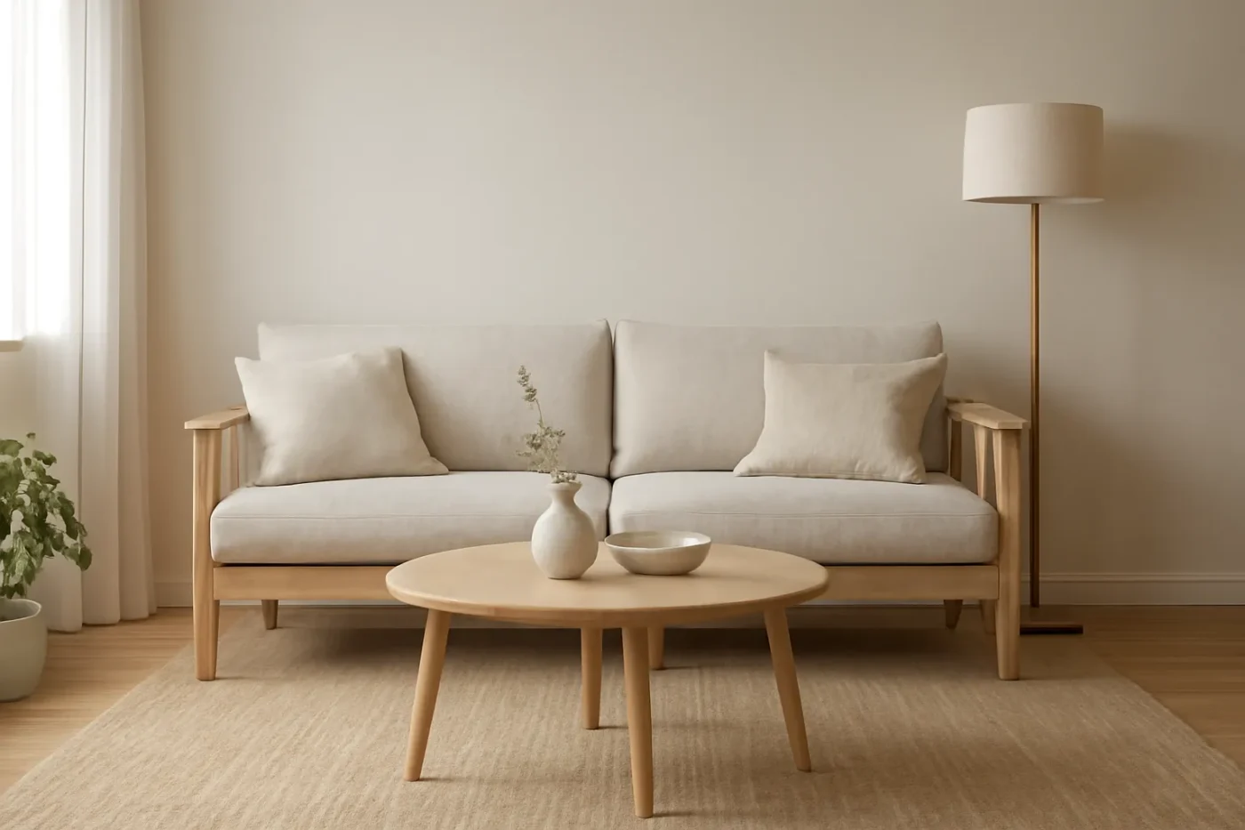 Sofa gỗ sồi màu sáng trong phòng khách tối giản